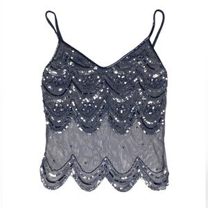 Y2K Bebe Beaded Sequin Mesh Sparkly Camisole Tank Top Silver Gray Fairy Party